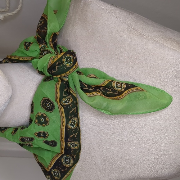 Vintage 60s Green Western Scarf Sheer Rayon Bandana Style Japan 27" Square - Picture 2 of 10